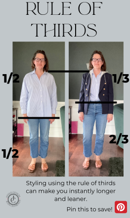 side by side outfit comparison of a woman demonstrating 1/2 vs 1/3-2/3 rule of thirds in outfits to show proportion.