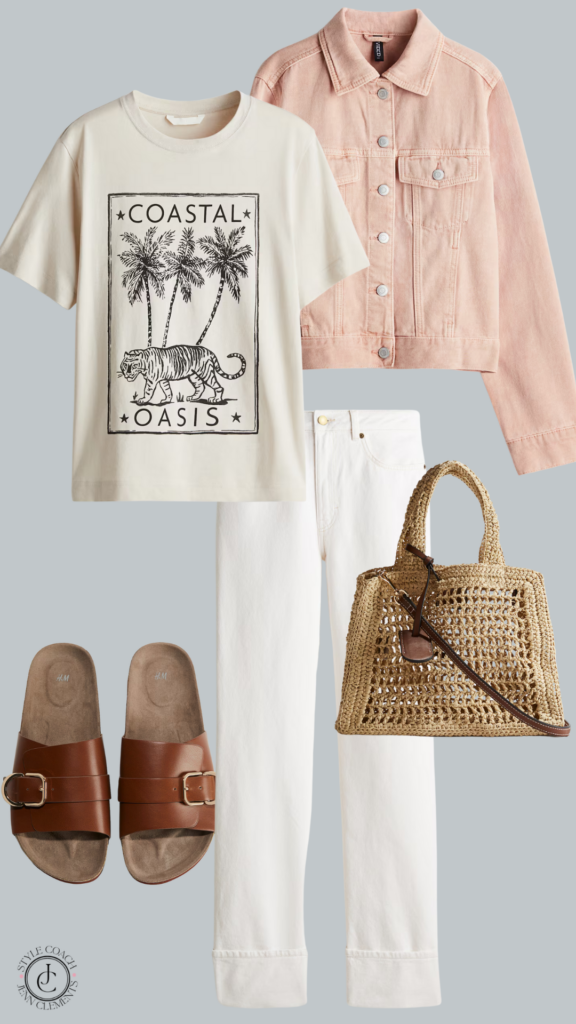 Effortlessly Cool: Denim/leather jacket + graphic tee + high-waisted jeans +sandal/boot