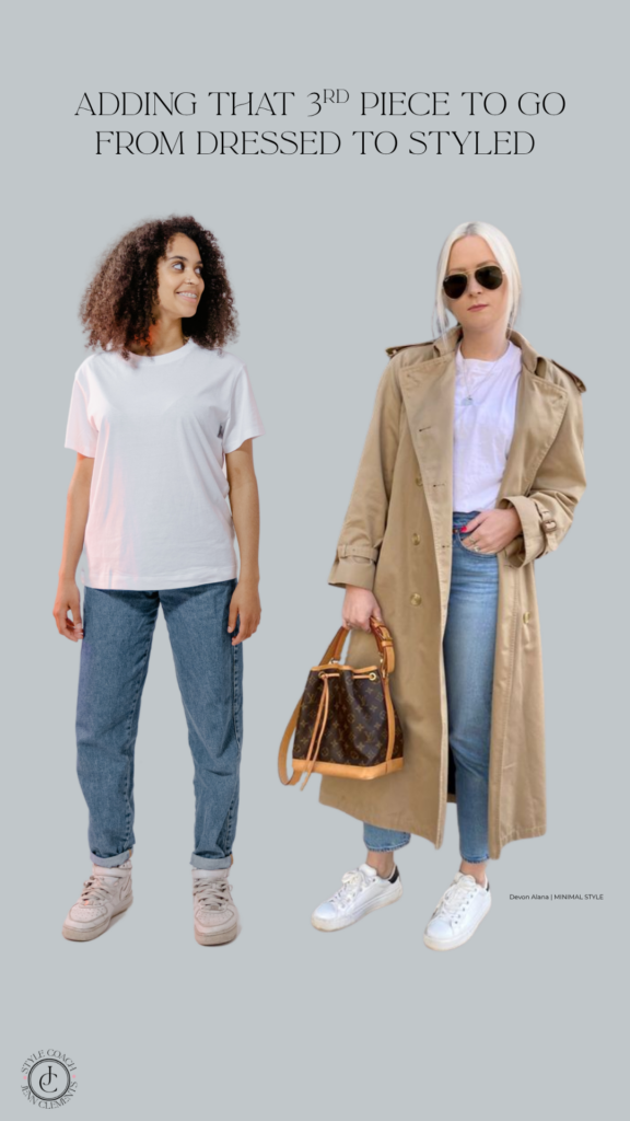 women wearing jeans and a white tee. one is styled showing how to look polished over 40 and one isn't s